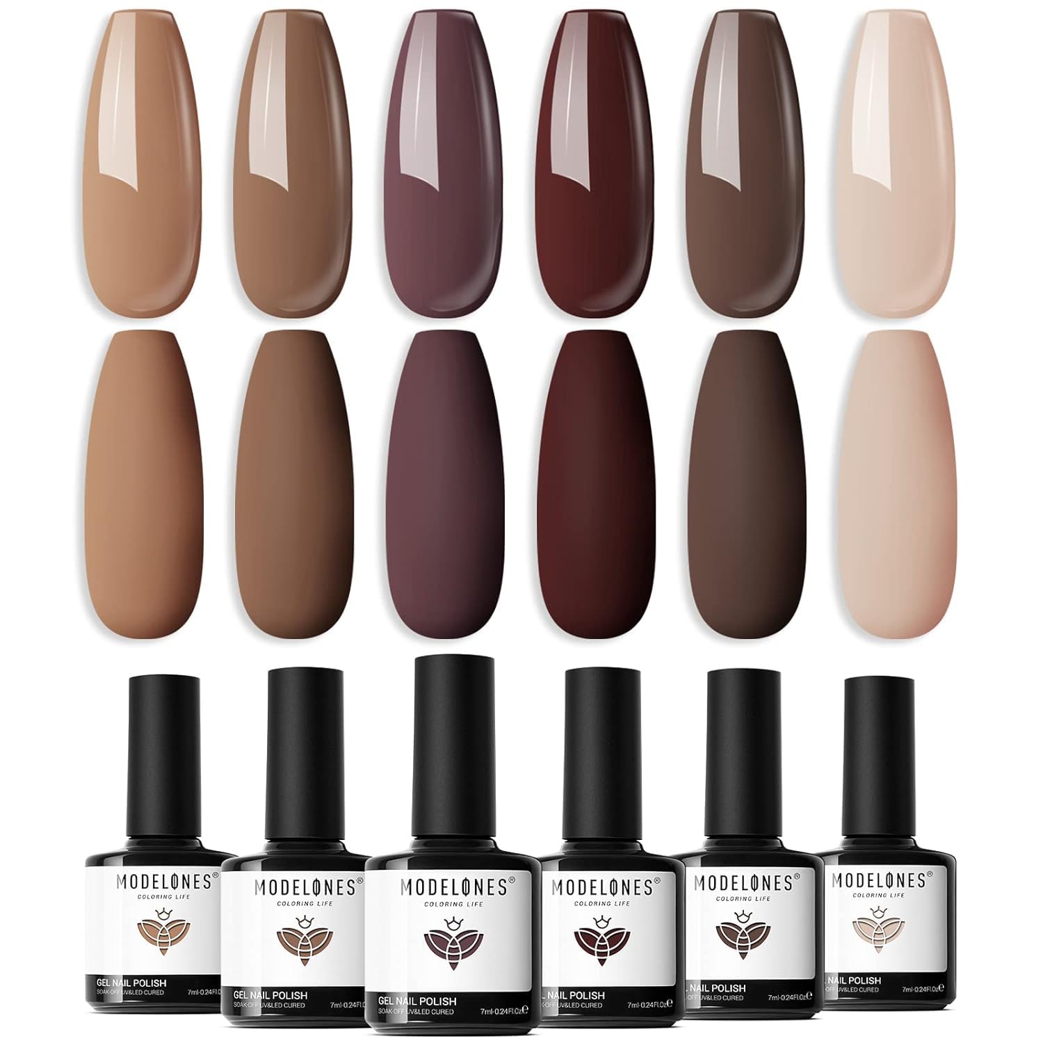 modelones front packaging showing six neutral gel polish bottles and color window, easy selection