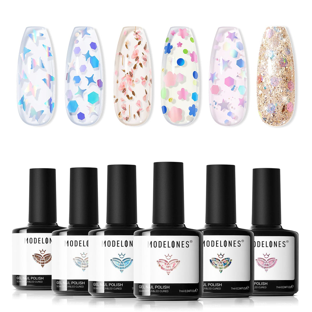 modelones set lineup showing six glitter gel bottles and wooden stick for creative options