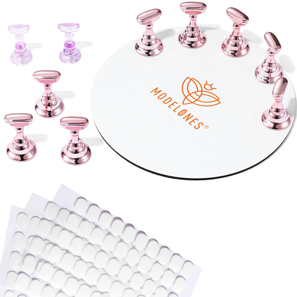 modelones front view of metallic pink nail stand set showing organized holders and base for tidy workspace