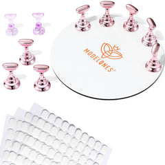 modelones front view of metallic pink nail stand set showing organized holders and base for tidy workspace