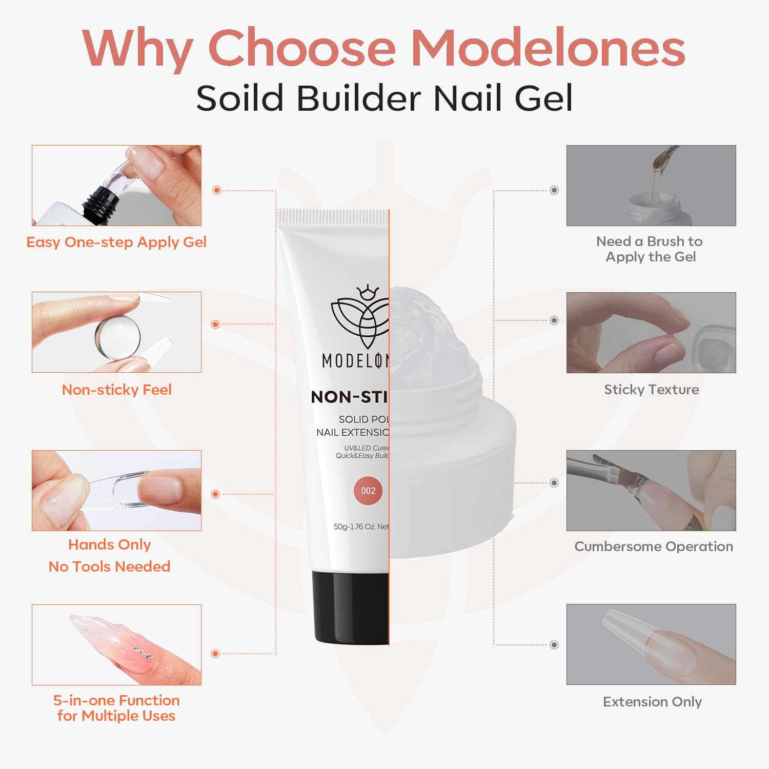 modelones gel placed on a nail form demonstrating beginner-friendly use