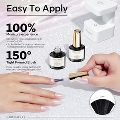 modelones hand with finished manicure in lifestyle setting showing subtle sparkle benefit