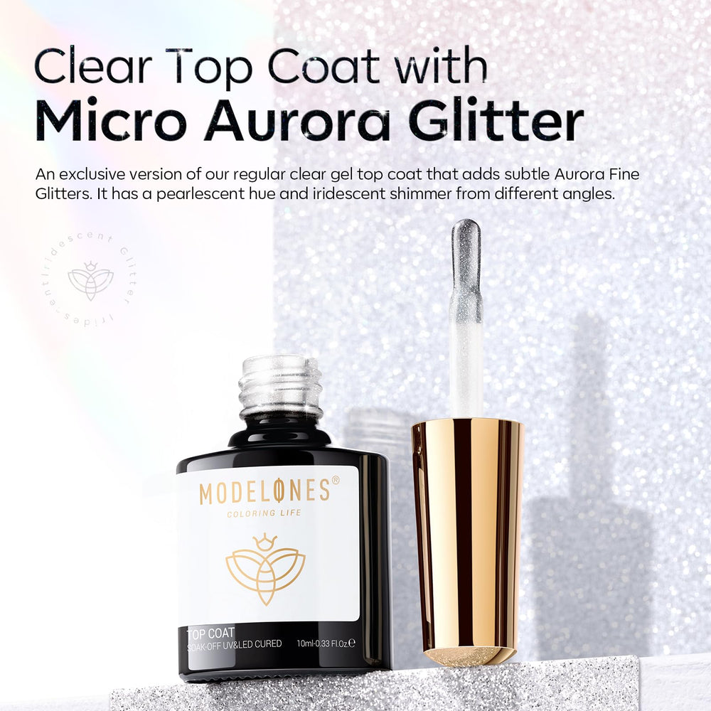 modelones top coat layered on white polish for soft pearlescent sheen benefit