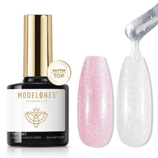 modelones bottle front view showing pearlescent glitter and glossy finish benefit