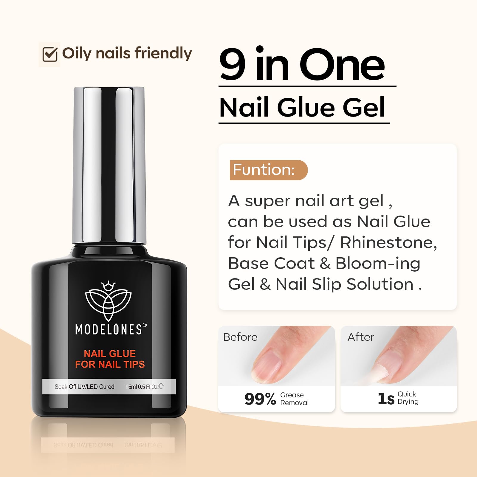 modelones gel glue drop on nail tip demonstrating strong bond