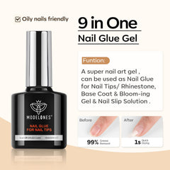 modelones gel glue drop on nail tip demonstrating strong bond