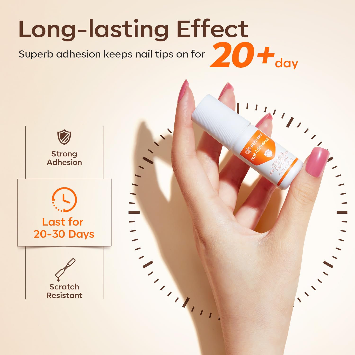 modelones glue applied to a nail tip demonstrating even spread for durability