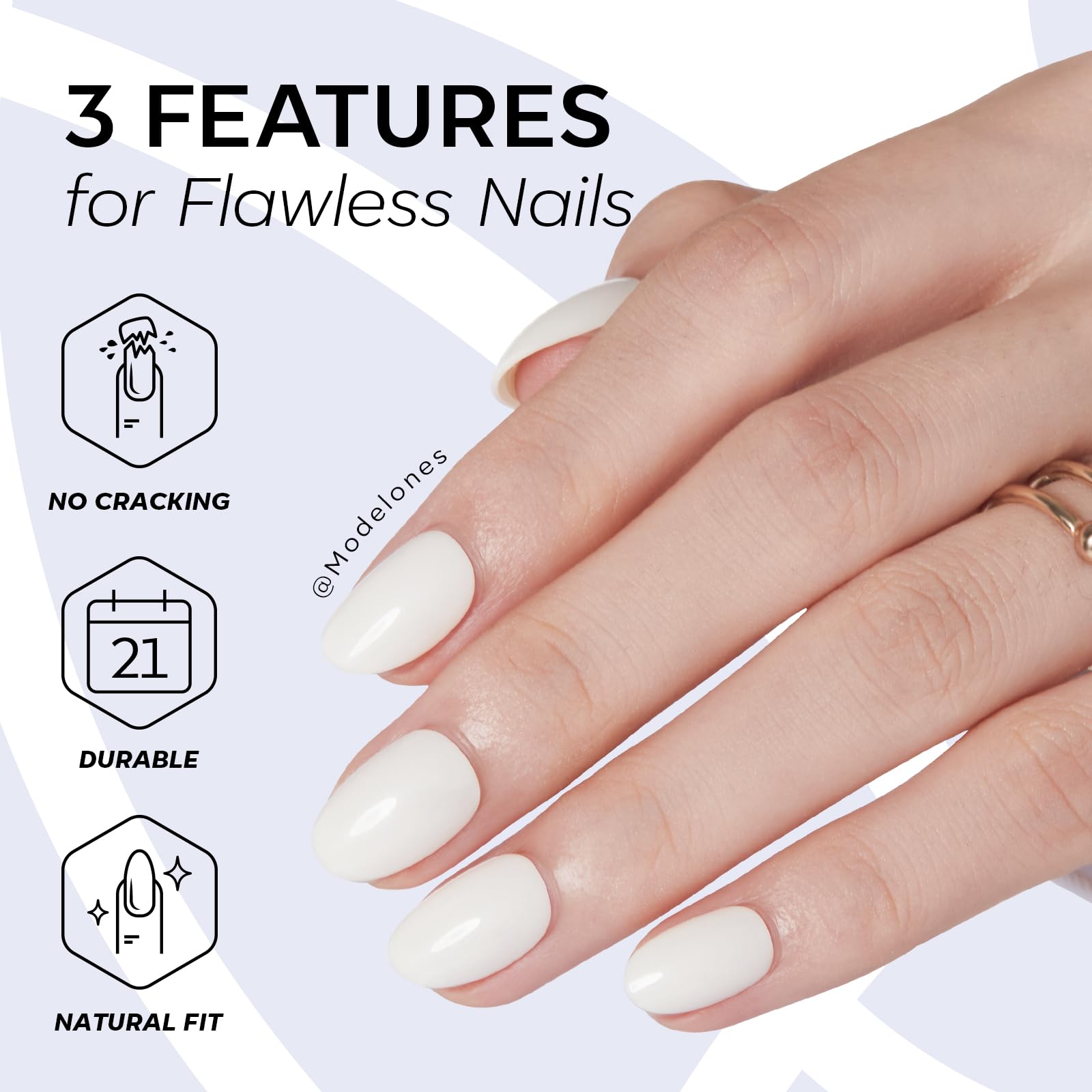 modelones hand model applying a press-on nail demonstrating quick application