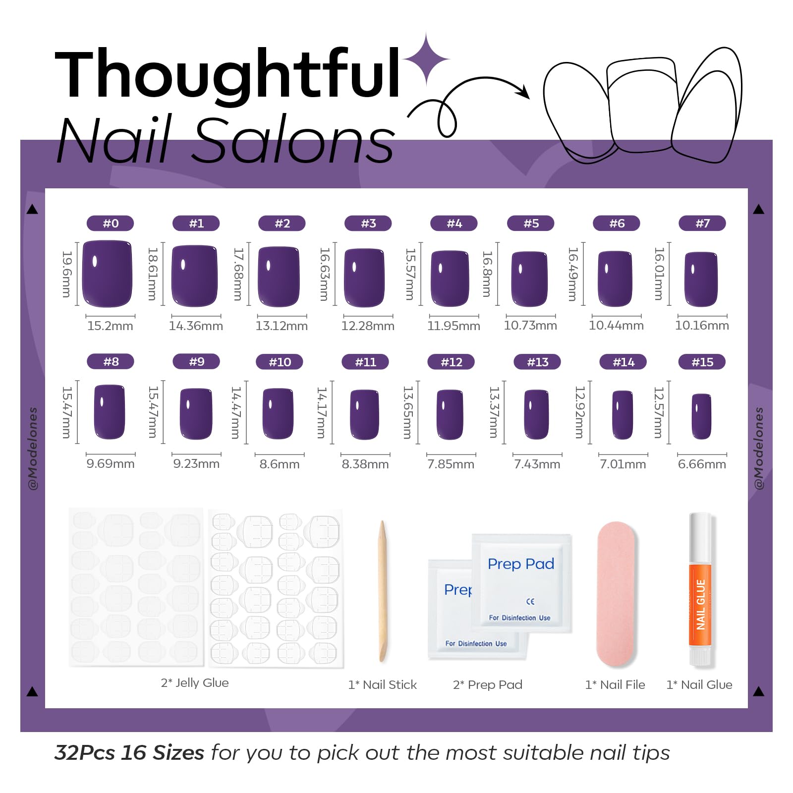 modelones hand wearing short square dark violet nails showing instant polished look