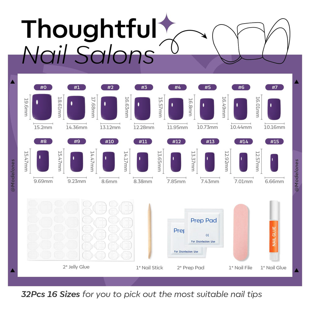 modelones hand wearing short square dark violet nails showing instant polished look