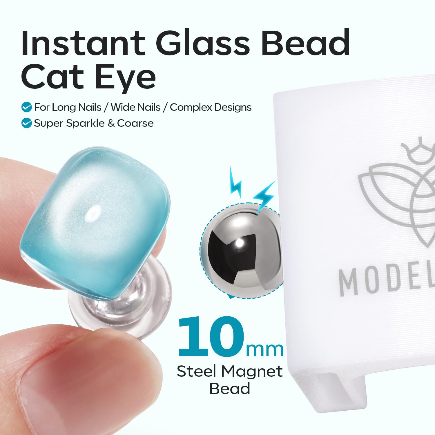 modelones magnet in use held above nail to create cat eye line for quick results