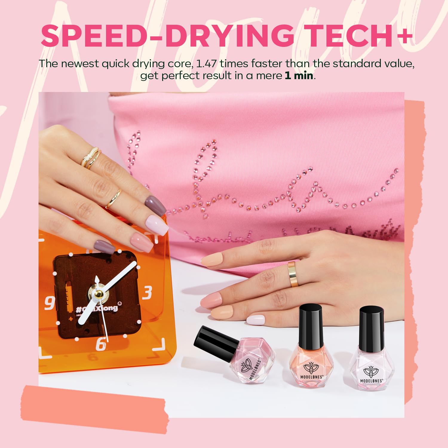 modelones in-use manicure showing finished nails and fast-dry result