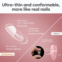 modelones being pressed onto natural nail demonstrating quick application benefit