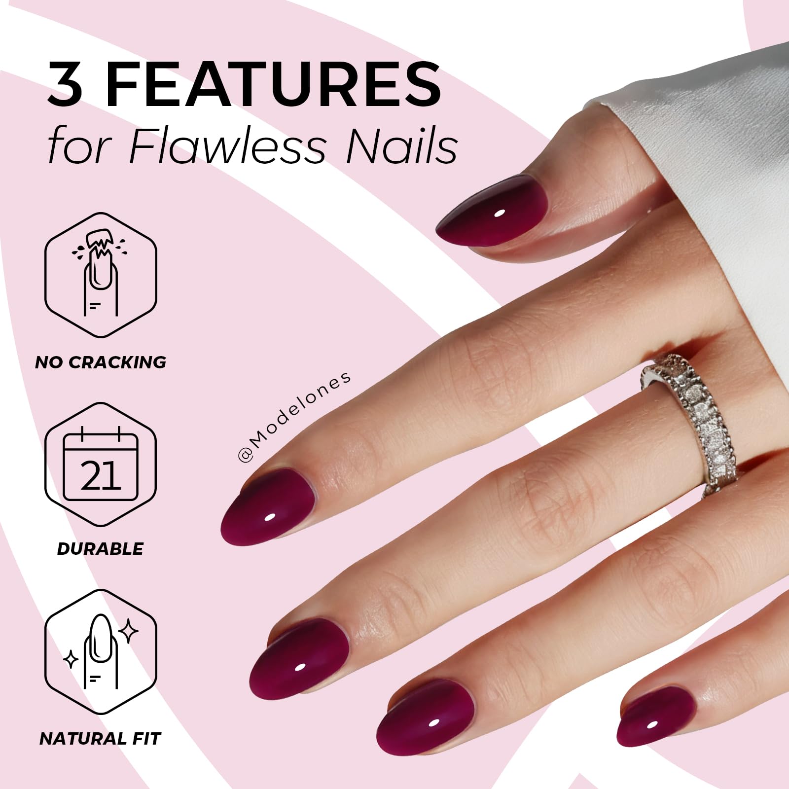 modelones in-hand nails on fingers showing fit and realistic look