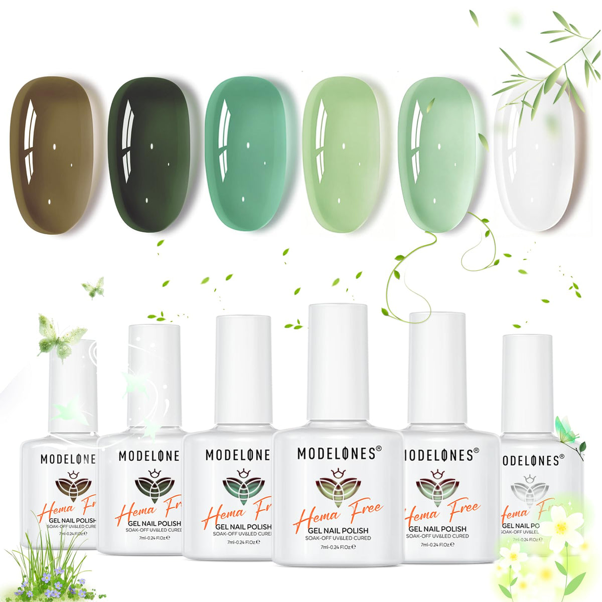 modelones front view of six jelly green gel bottles showing colors and kit cohesion benefit smooth selection