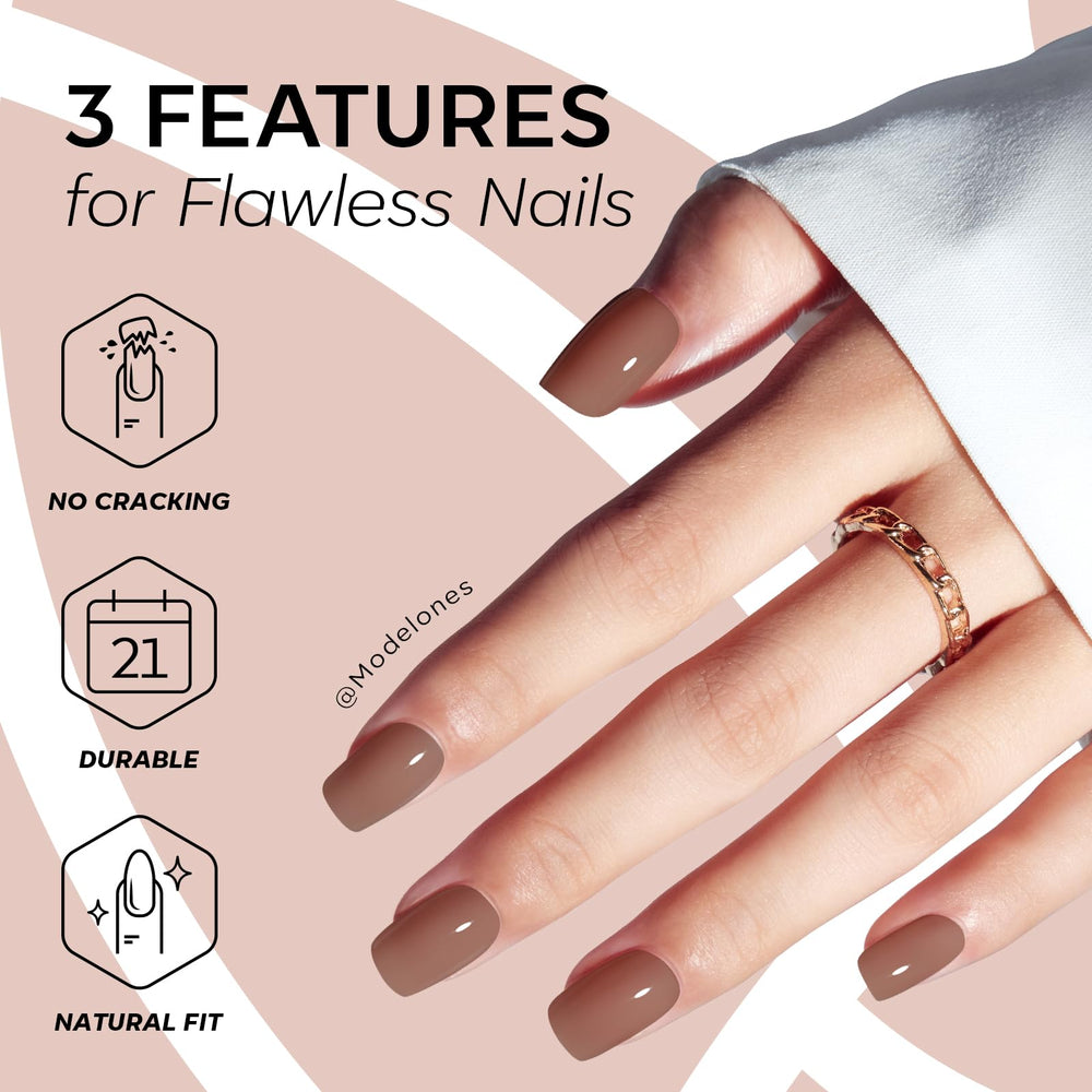 modelones kit contents displayed with nails, glue, tabs, file and pad for complete at-home manicure