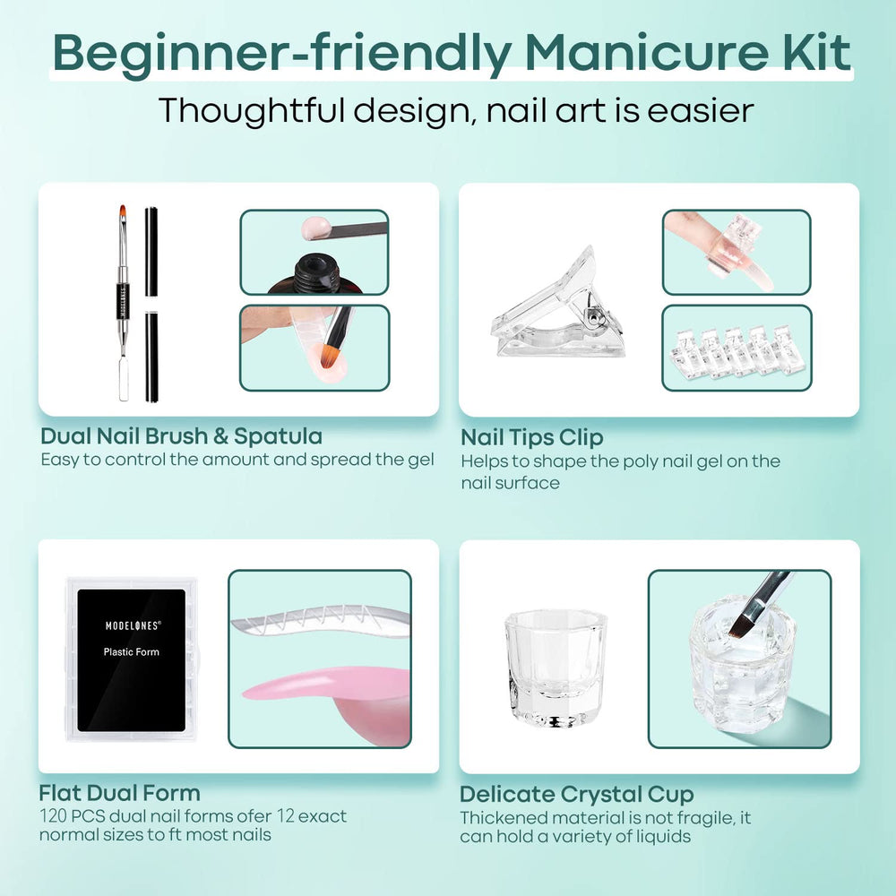 modelones full kit contents laid out showing all tools included for complete poly gel sets benefit