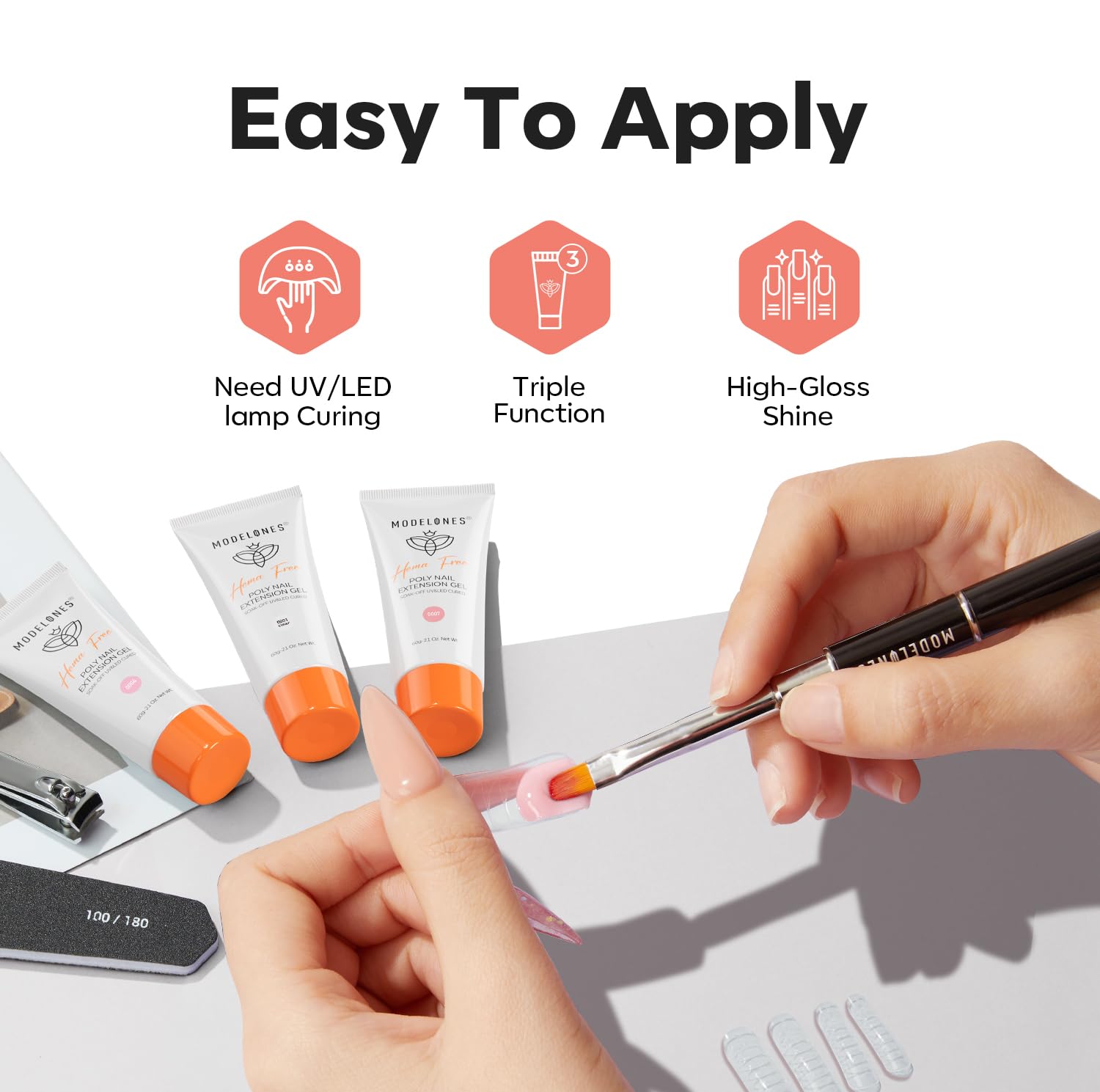 modelones product label close-up emphasizing HEMA-free formula and user directions