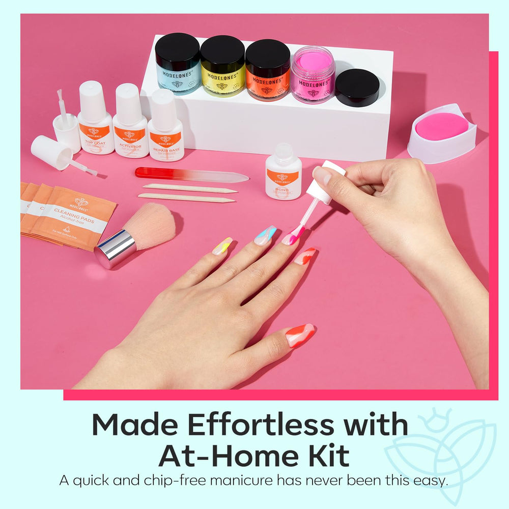 modelones lifestyle manicure scene of a finished neon manicure highlighting salon-style glossy results
