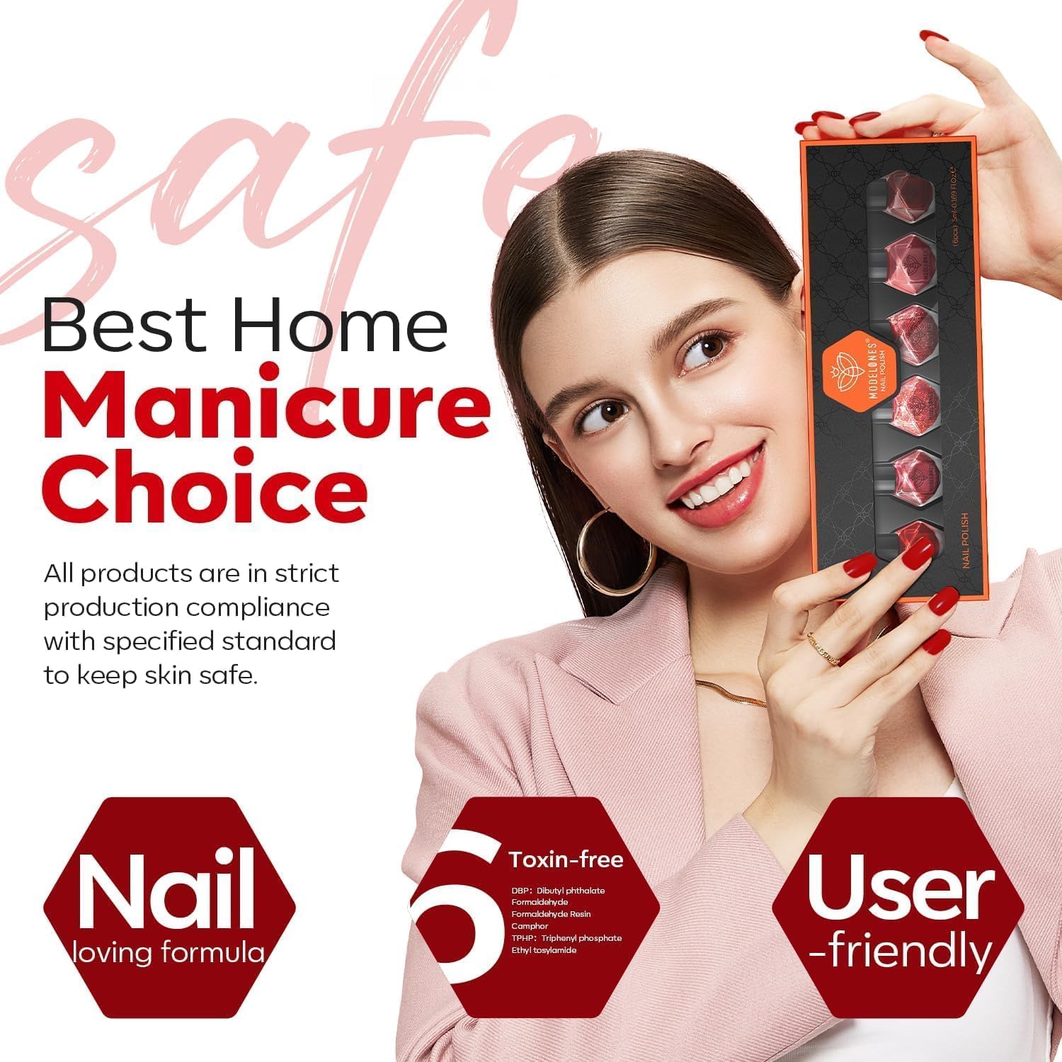 modelones lifestyle shot of woman with red manicure showcasing polished look