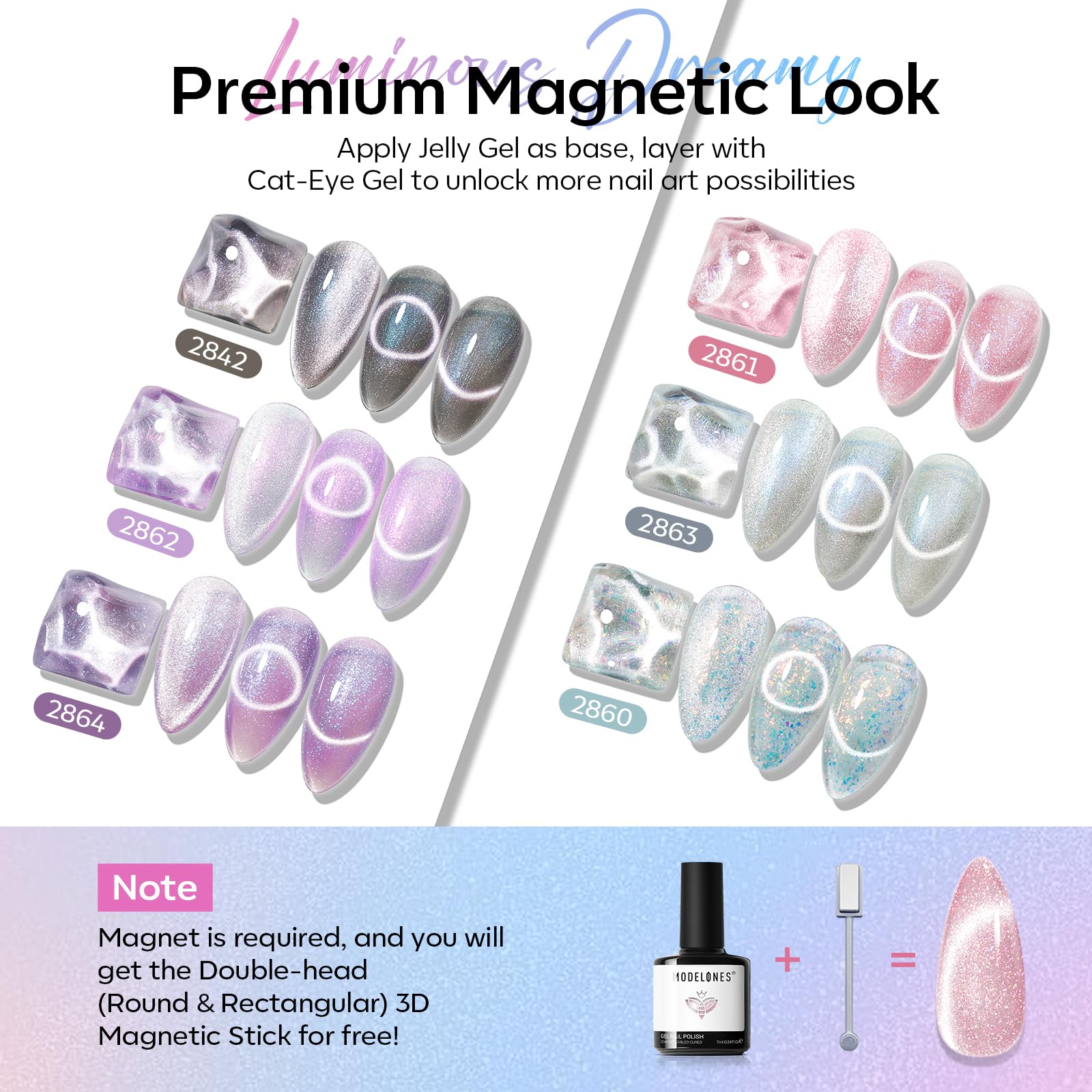 modelones double-ended magnetic stick held over polish, creates striking cat-eye effect