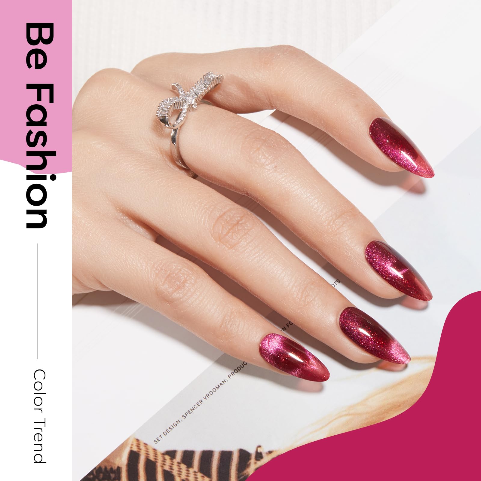 modelones magnet hovering over wet polish creating cat eye effect, easy styling