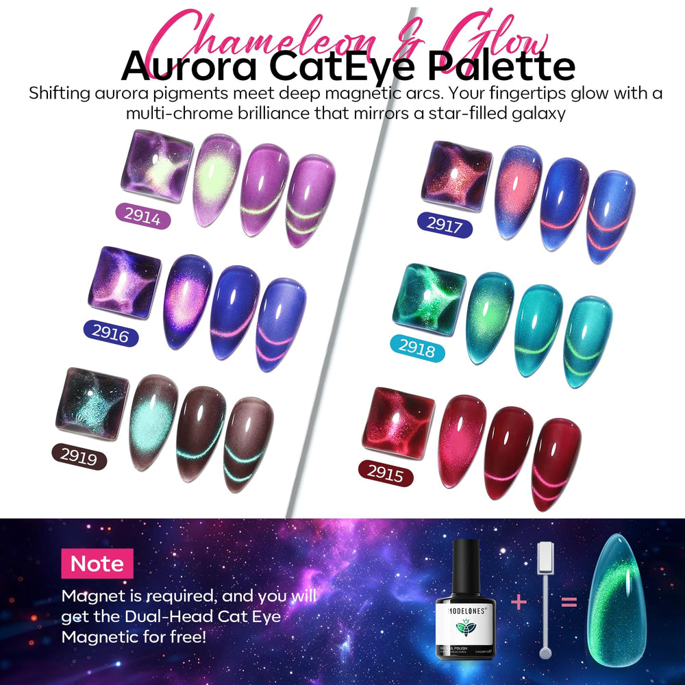 modelones magnet held above nail pulling shimmer into cat eye stripe, creates holographic effect