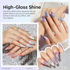 modelones magnet held over wet polish creating a cat-eye stripe for dramatic nail art