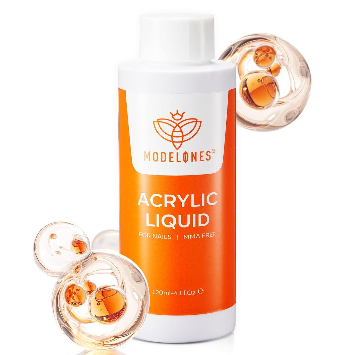 modelones monomer front bottle showing clear liquid and label, reliable salon performance