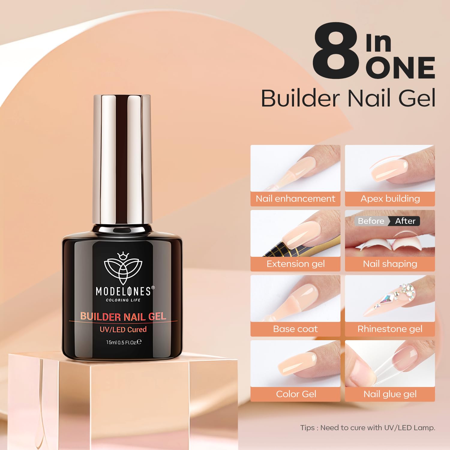 modelones demo of apex building on a nail showing added strength and natural arch benefit