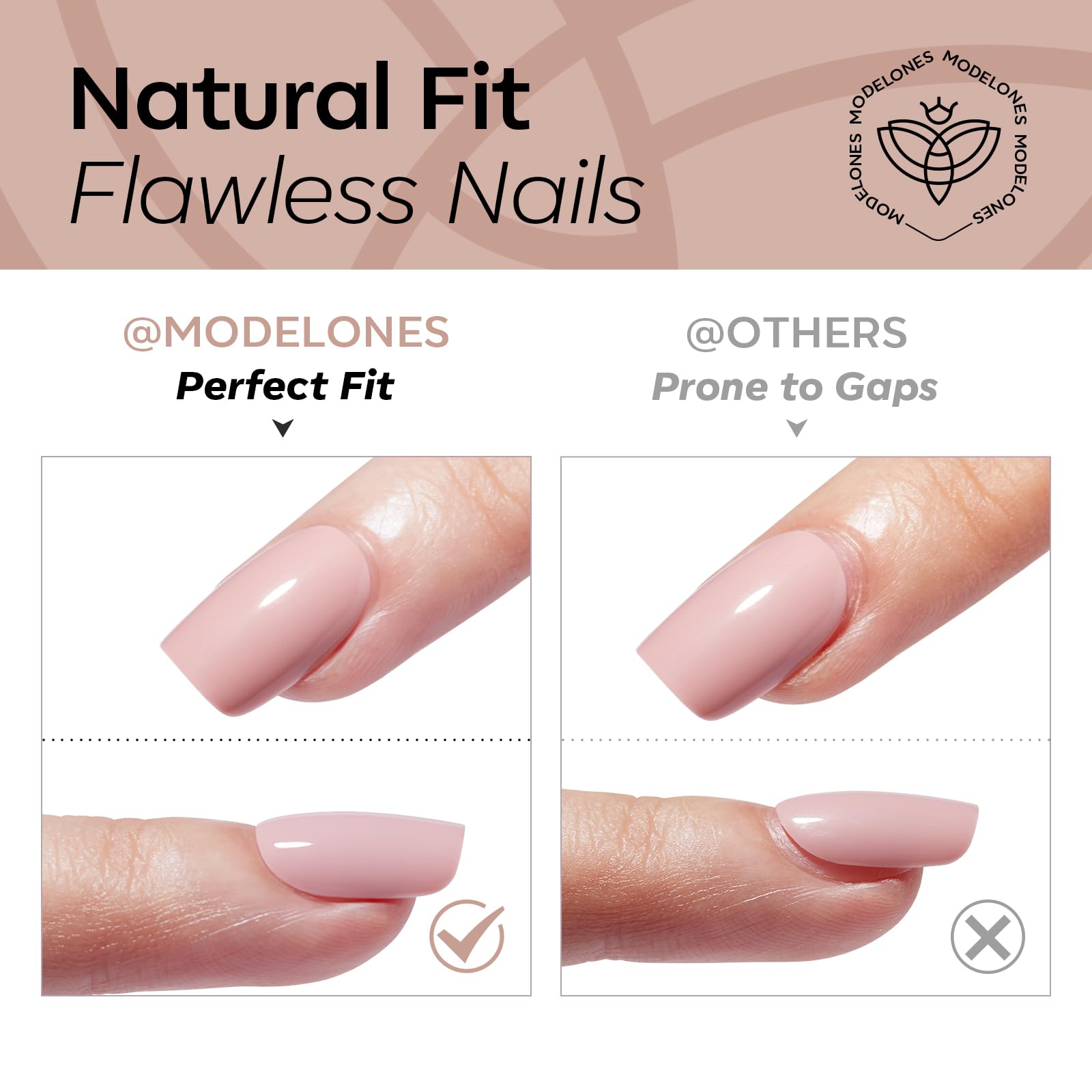 Modelones nail on finger showing short square fit and realistic scale
