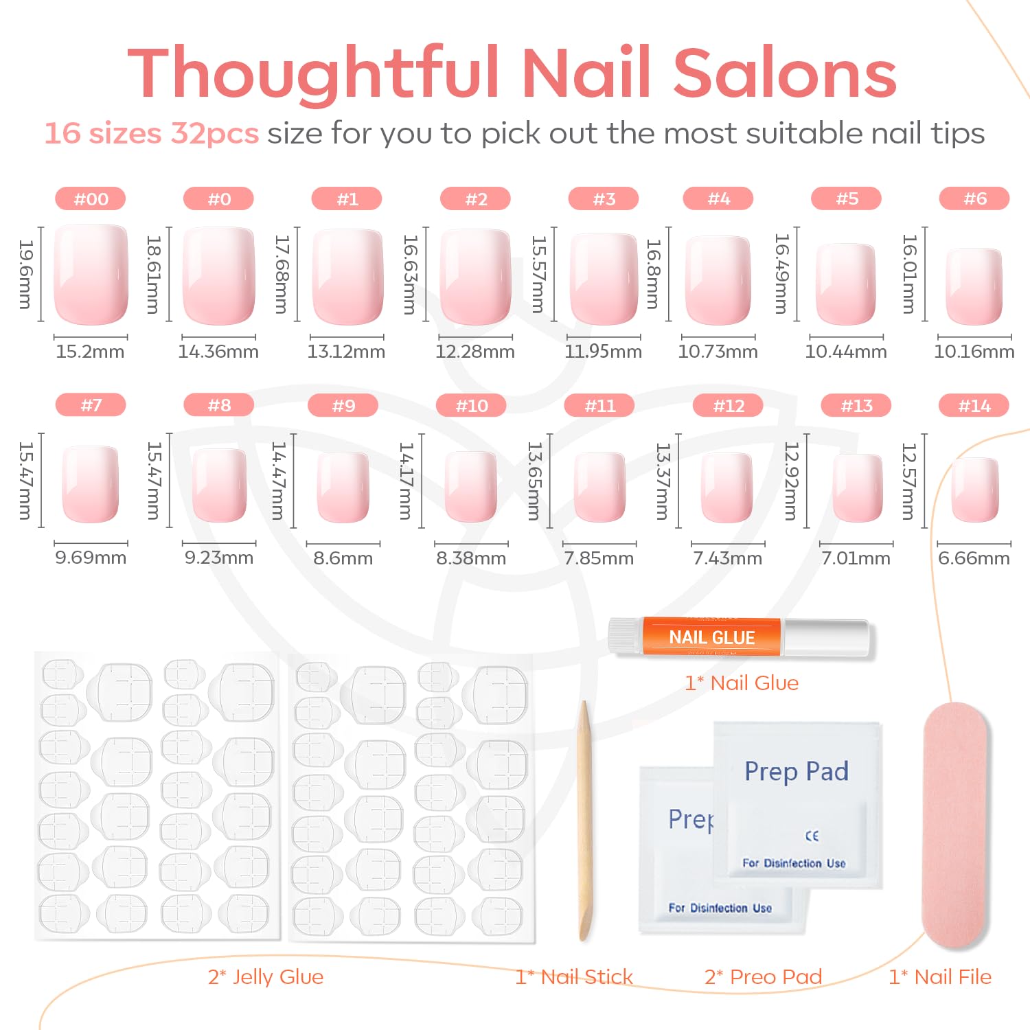 modelones layout of 32 nails across 16 sizes showing fit options