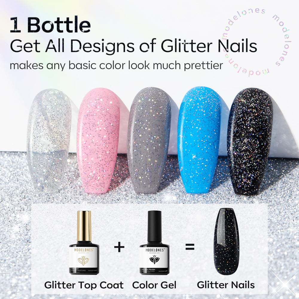 modelones nail swatches displaying different base colors with glitter benefit shows color effects