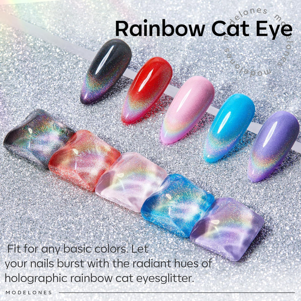 modelones nail swatches on different base colors showing varied holographic outcomes benefit