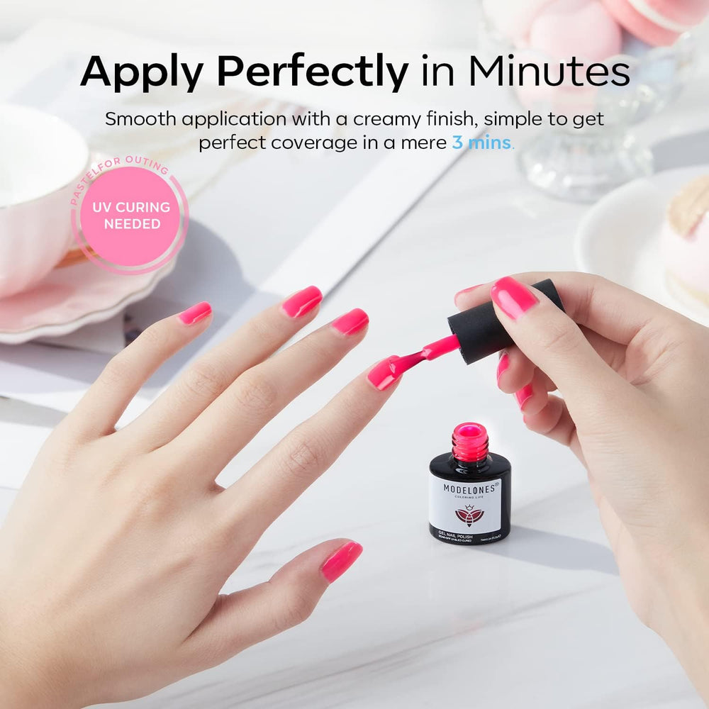 modelones nails in use displaying cured pink manicure that lasts benefit