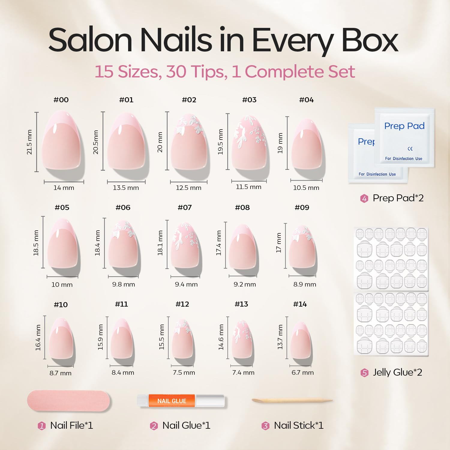 modelones kit laid out with 30 nails across sizes — shows complete set