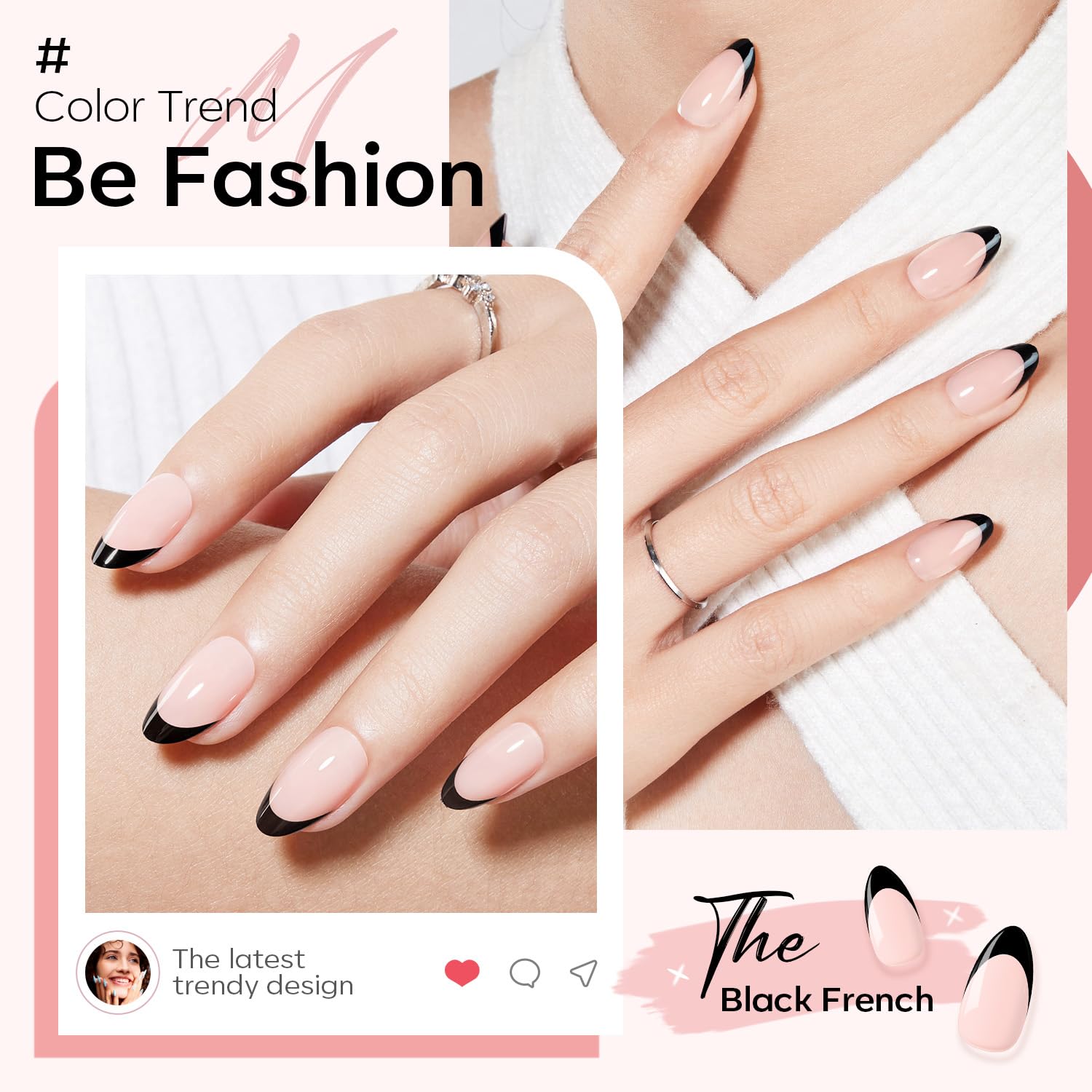 modelones nails worn on hand demonstrating polished black French look