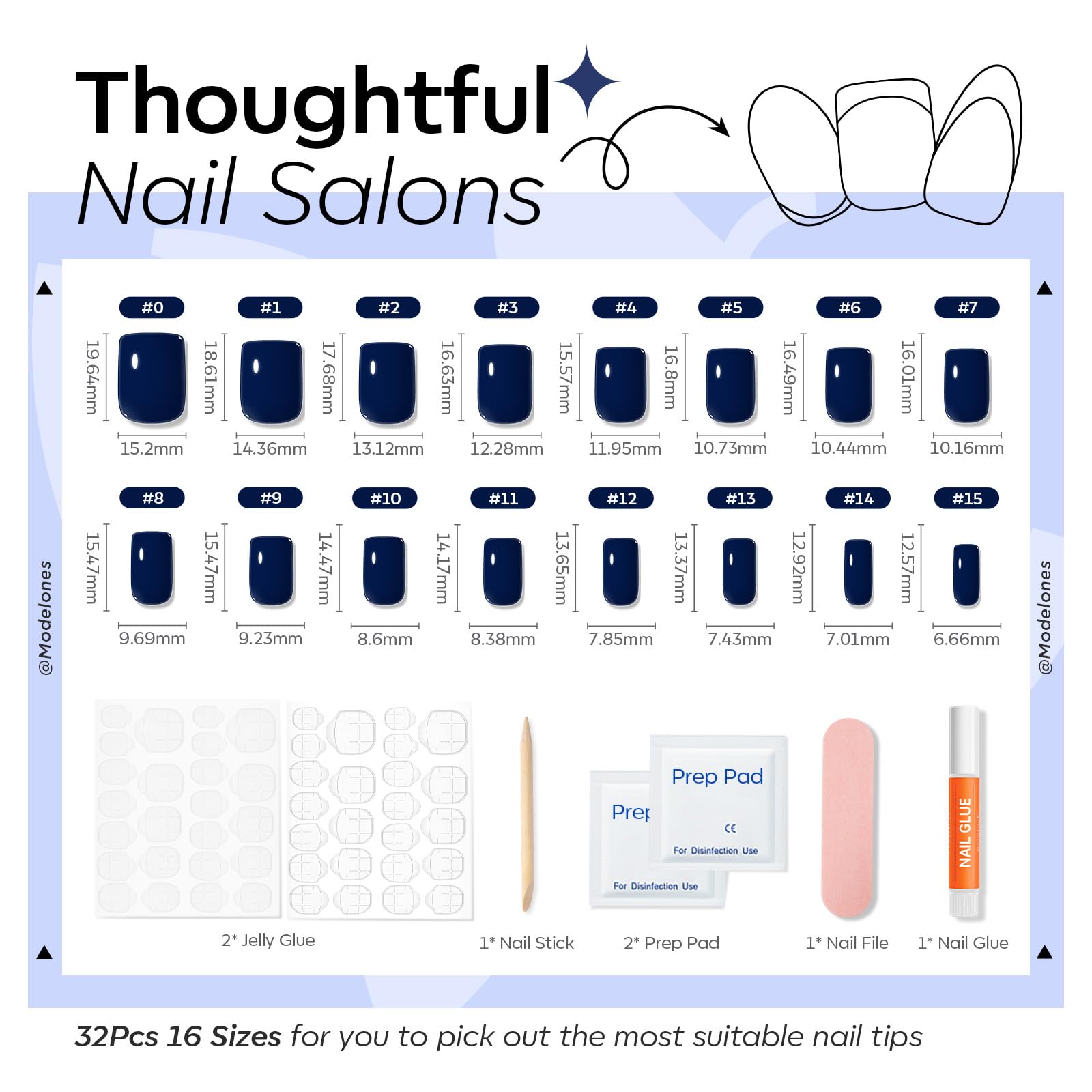 Modelones nails applied on fingers with navy swatch to show polished, ready-to-wear look