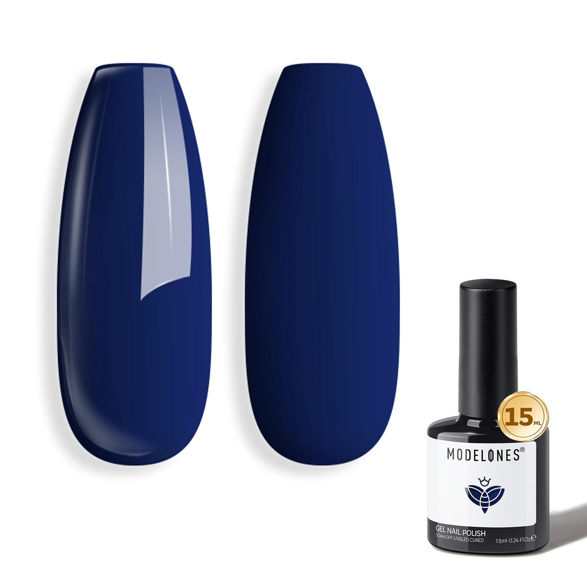 modelones navy gel bottle front showing color and label, clear benefit of deep pigment
