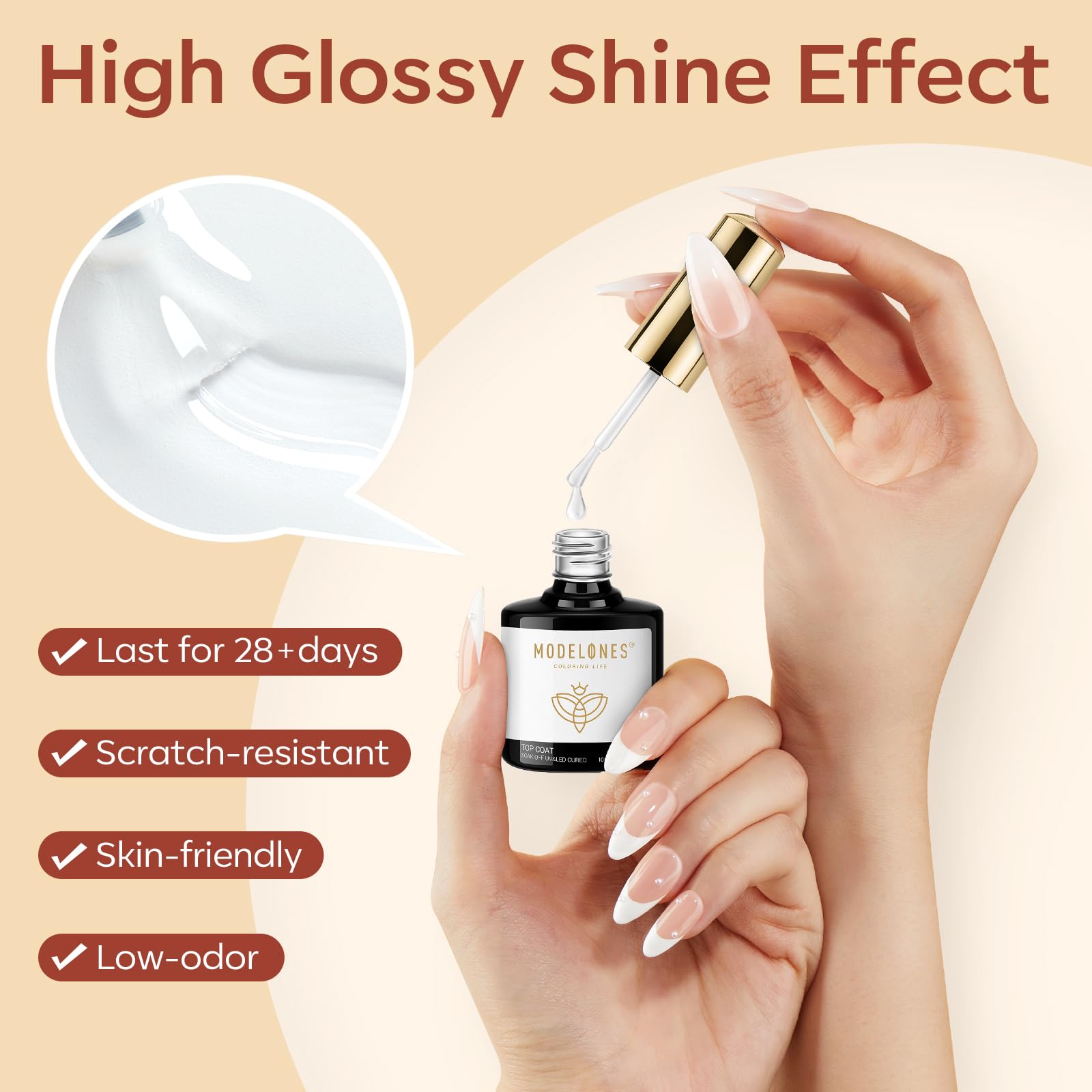 modelones no-wipe top coat texture on brush showing glossy, diamond-like finish without wiping benefit