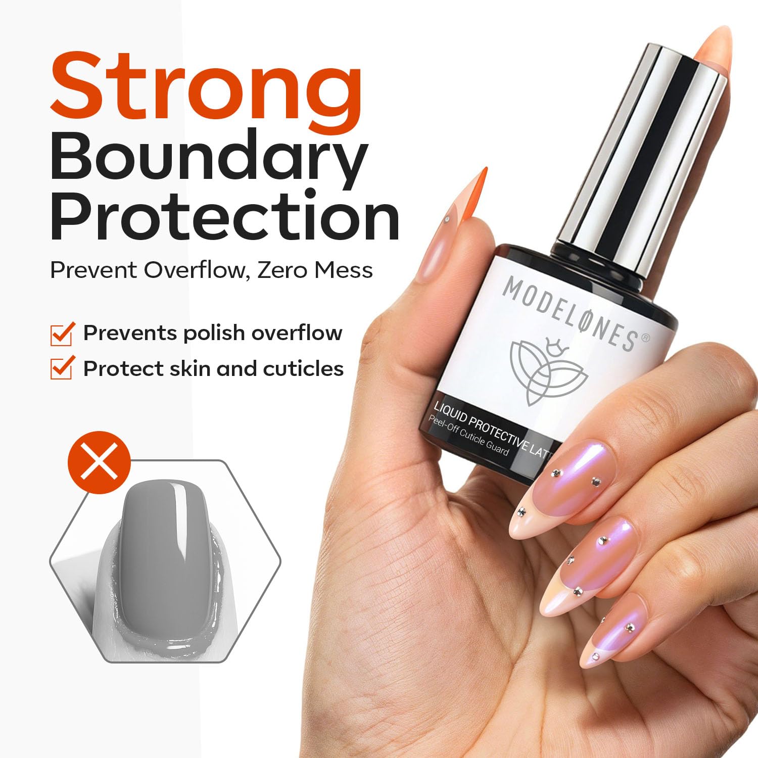 modelones on hand in use protecting cuticles during glitter application, reduces cleanup