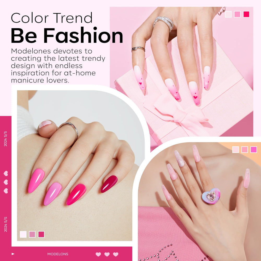 Modelones open jars revealing six distinct pink and neon acrylic powder shades