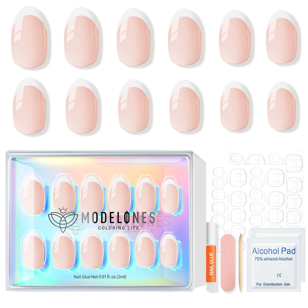 modelones pack contents flatlay displaying all 32 nails, glue, tabs and prep tools