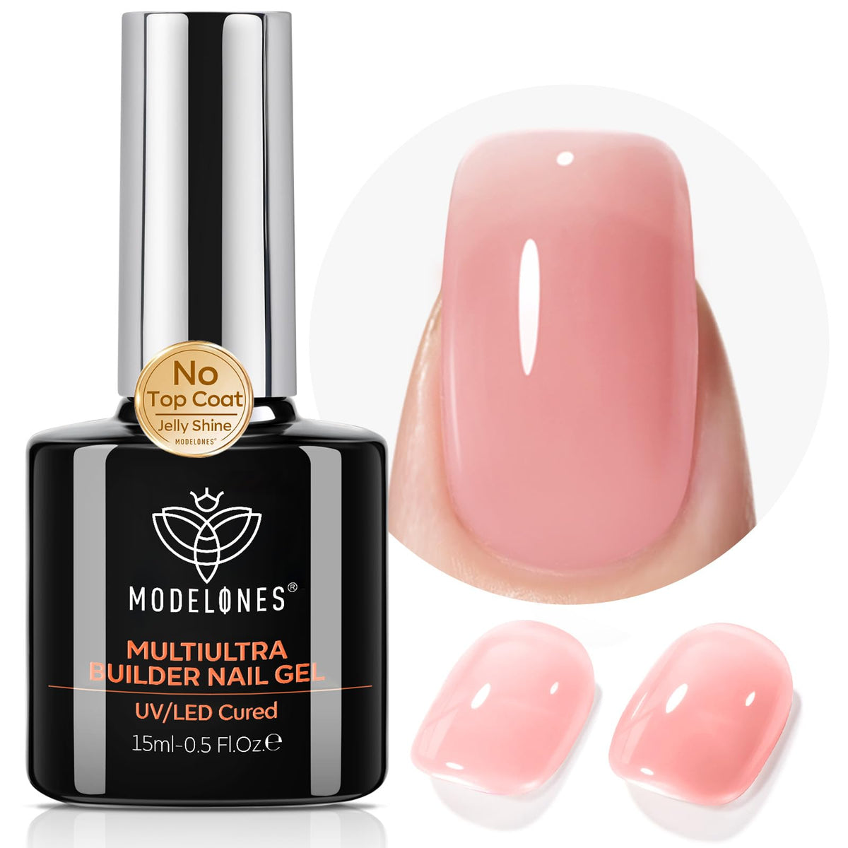 modelones bottle front view showing peach pink builder gel and glossy benefit