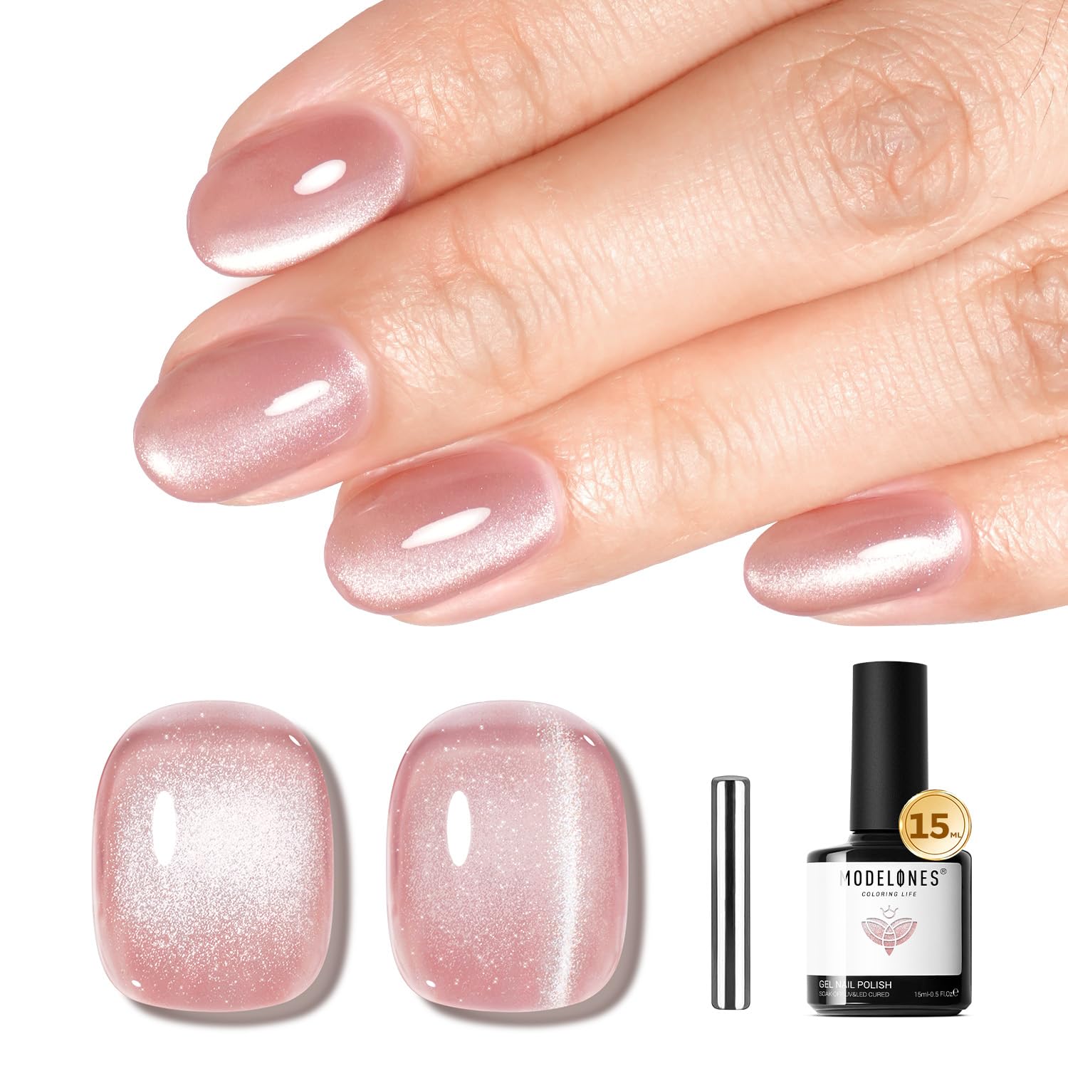 modelones bottle front view showing pink cat eye shimmer and usable 15ml size benefits