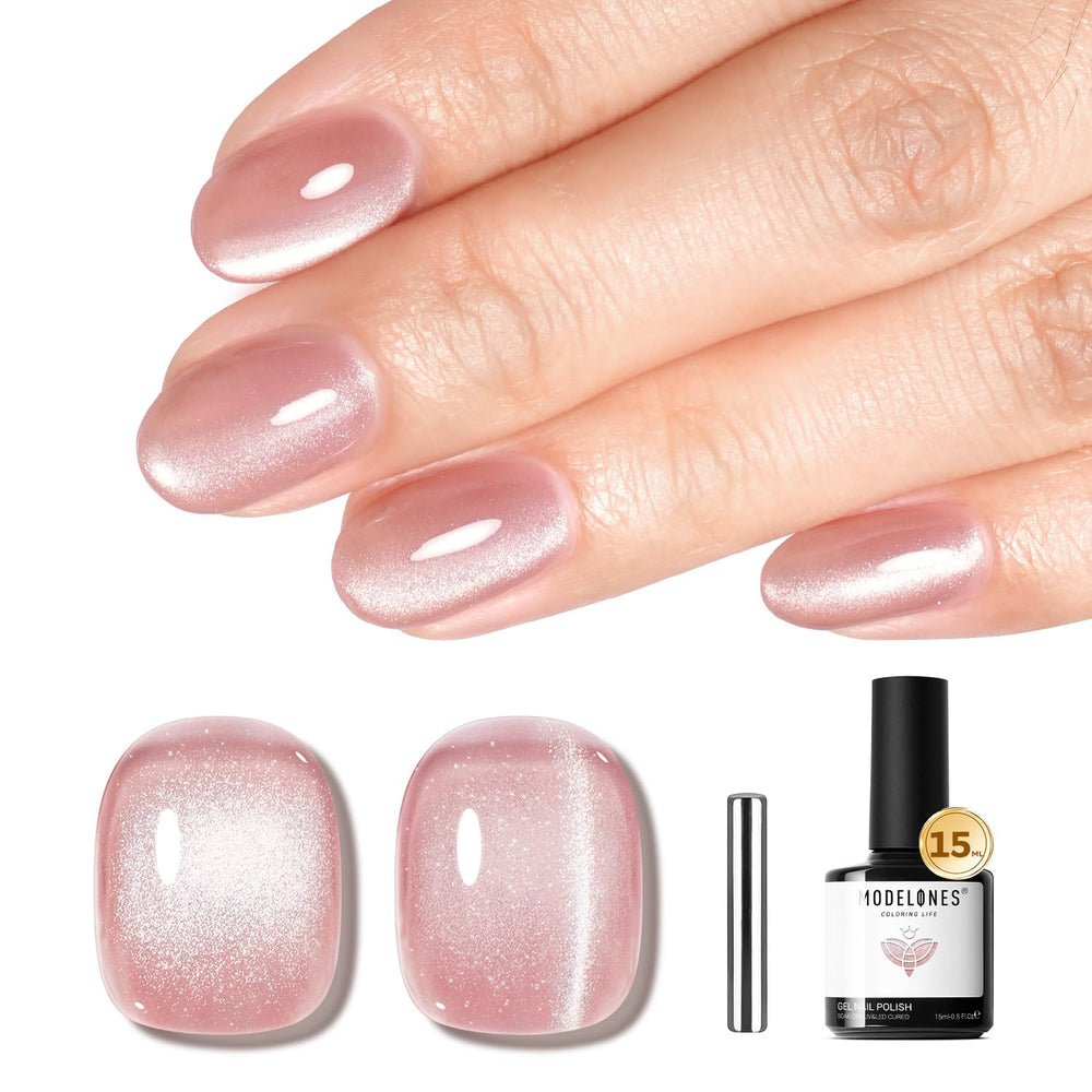 modelones bottle front view showing pink cat eye shimmer and usable 15ml size benefits