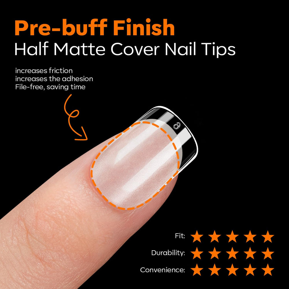 modelones applying a press-on tip showing fast at-home extension method
