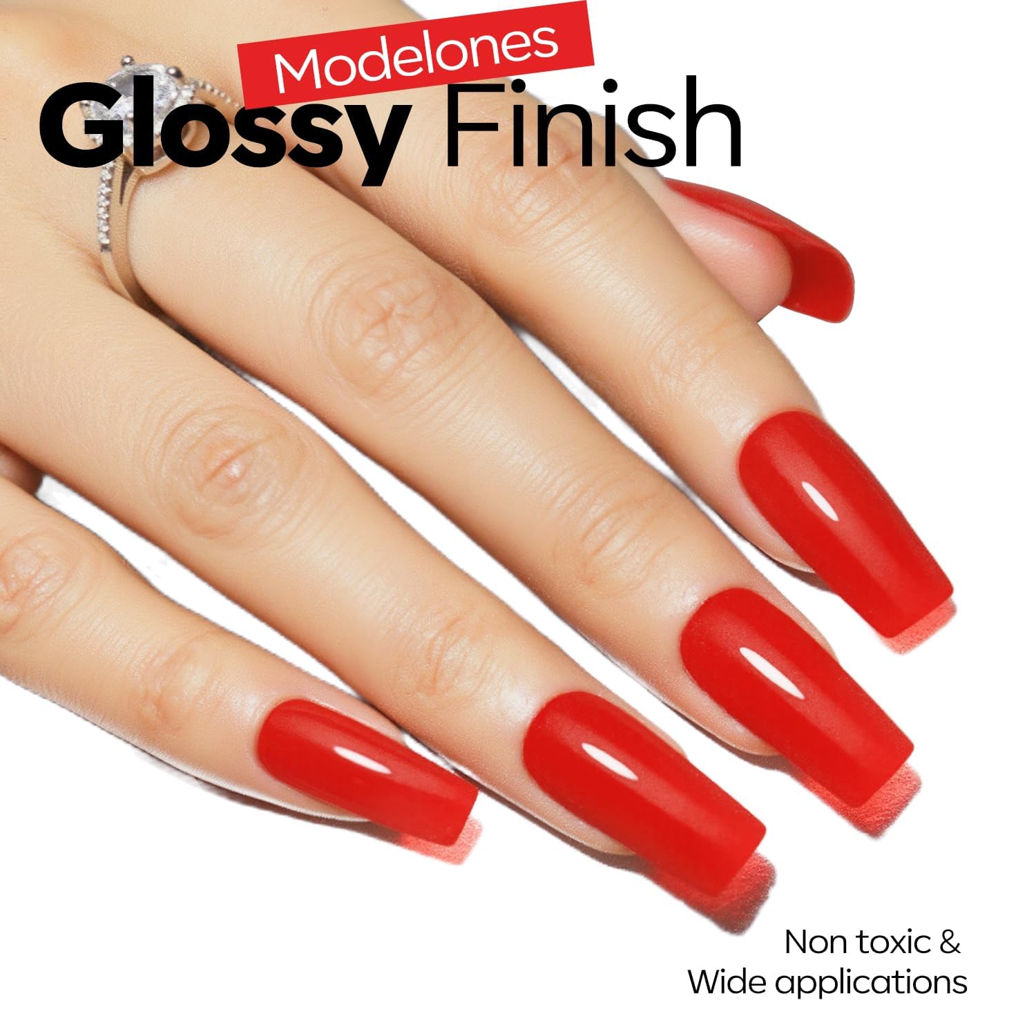 modelones red gel swatch on natural nails showing vibrant neon-red finish and long-lasting sheen