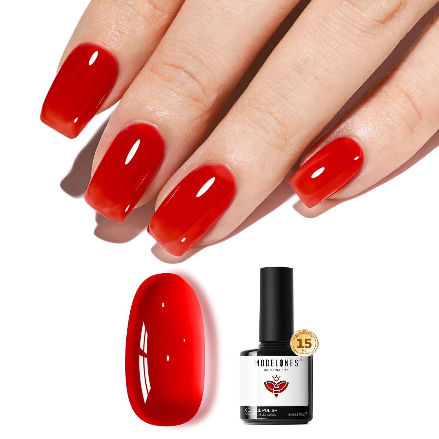 modelones bottle front view showing red jelly polish and 15ml volume, polished presentation