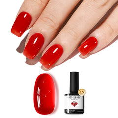 modelones bottle front view showing red jelly polish and 15ml volume, polished presentation